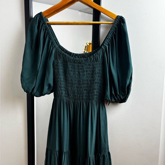 La Ligne Teal emerald green smocked maxi Dress scoop neck short sleeve silk - Picture 2 of 8